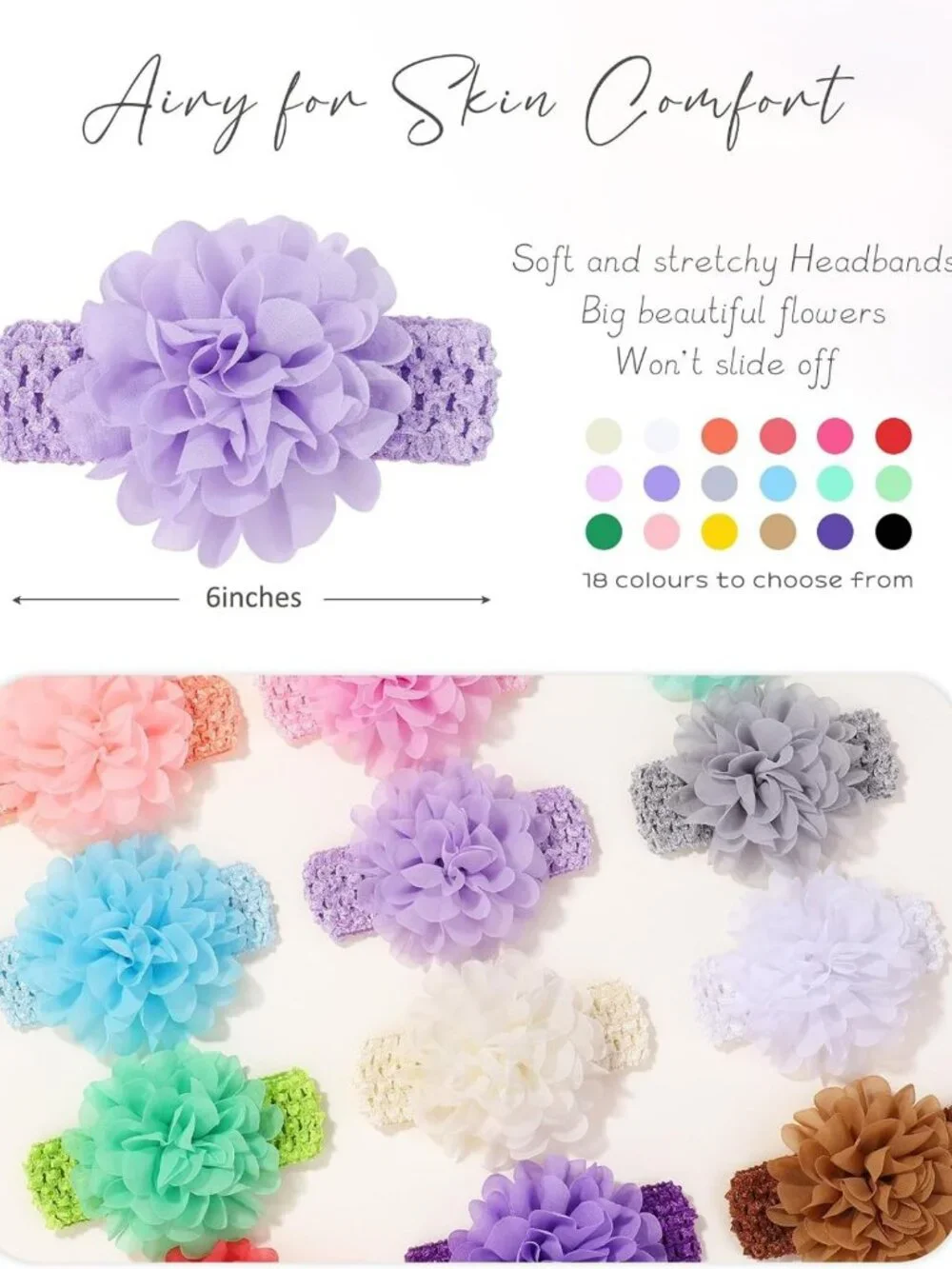 18pcs Baby Girls Soft Stretchy Headbands with Chiffon Flowers - Cute Hair